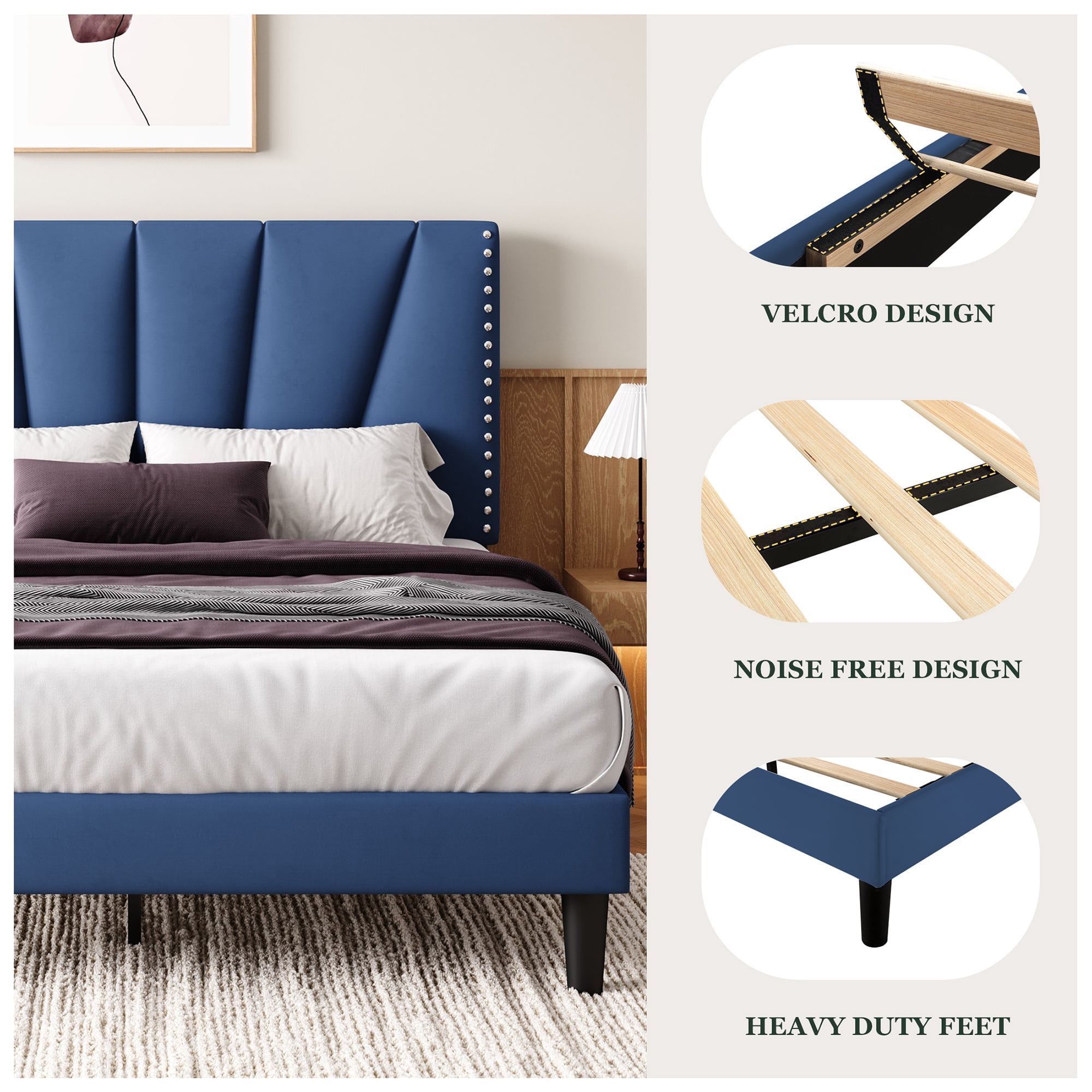 Einfach King Size Premium Velvet Upholstered Platform Bed Frame with Adjustable Headboard,Under-Bed Storage,Heavy-Duty Metal Support, Noise-Free Slats, Blue