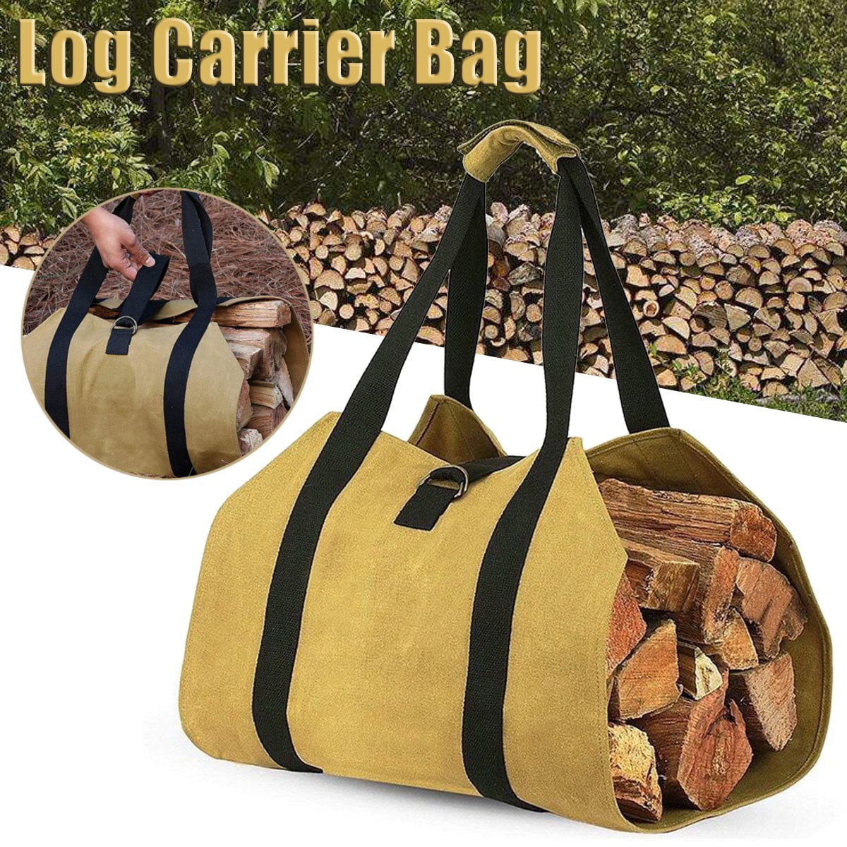Firewood Carrying Log Carrier Bag 16oz Waxed Canvas Fireplace Stove