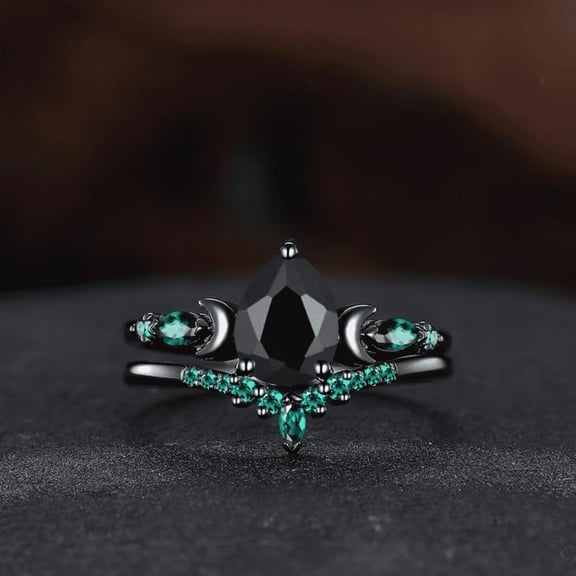 Unique Black Onyx Engagement Ring- 14K Black Gold Vermeil- Black Onyx & Emerald Ring Moon Design Ring