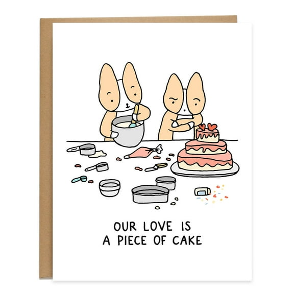 Funny Greeting Card – "Our Love is a Piece of Cake" Illustrated Card with Cartoon Characters – Perfect for Weddings, Anniversaries, or Romantic Gestures