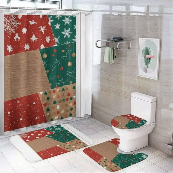 Christmas Pattern Patchwork Design Shower Curtain Waterproof Bathroom Curtain Set with Hooks Home Decor Bathroom Curtains 4pcs
