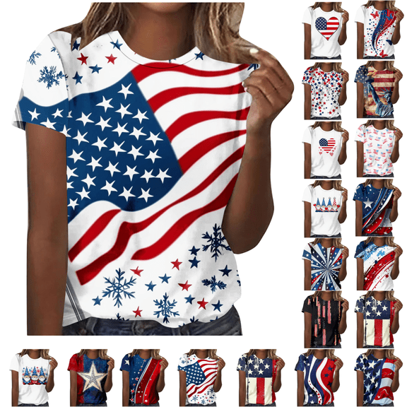 AGWOLF 4th of July Shirts for Women Funny Patriotic USA Flag Graphic T shirts Loose Fit Short Sleeve Tees Classic Crew Neck Blouses Tops White S