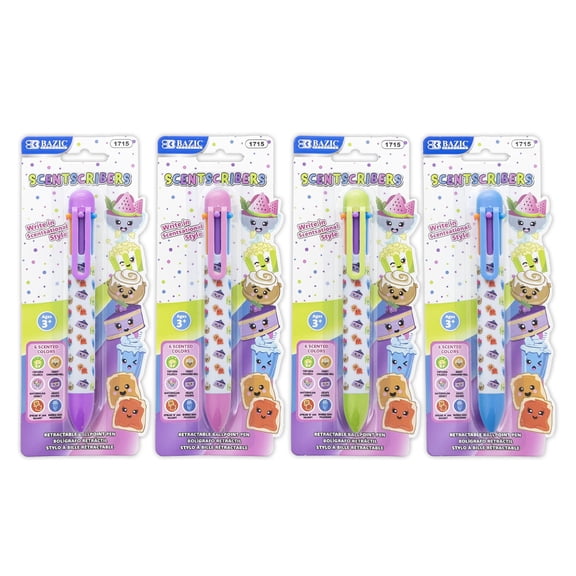 BAZIC 6-Color Scented Ballpoint Pen, 1.0mm Medium Point, Assorted Retractable Multicolor Pen, 4-Packs
