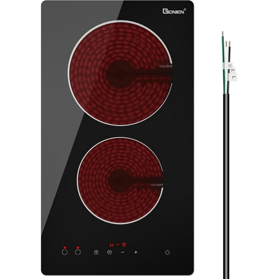 12 Inch Electric Cooktop, 2 Burner Built-in Ceramic Stove Top 3000W, 220V-240V Hardwired Double Radiant Cooktop with Touch Controls, Timer & Child Lock, No Plug