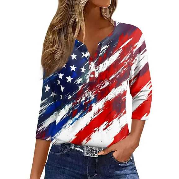 ASDFVBKG Ladies Patriotic 3/4 Length Sleeve Women's Shirts Henley Neck Tshirts Casual Festival Independence Day Tops Red White and Blue Summer American Flag Blouses S