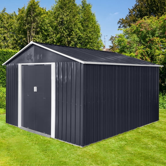 11ft x 10ft Large Metal Garden Shed with Window & Sliding Door Galvanized Steel Outdoor Storage Shed for Lawn Mower, Tools & Bike Backyard, Patio, Poolside, Grey