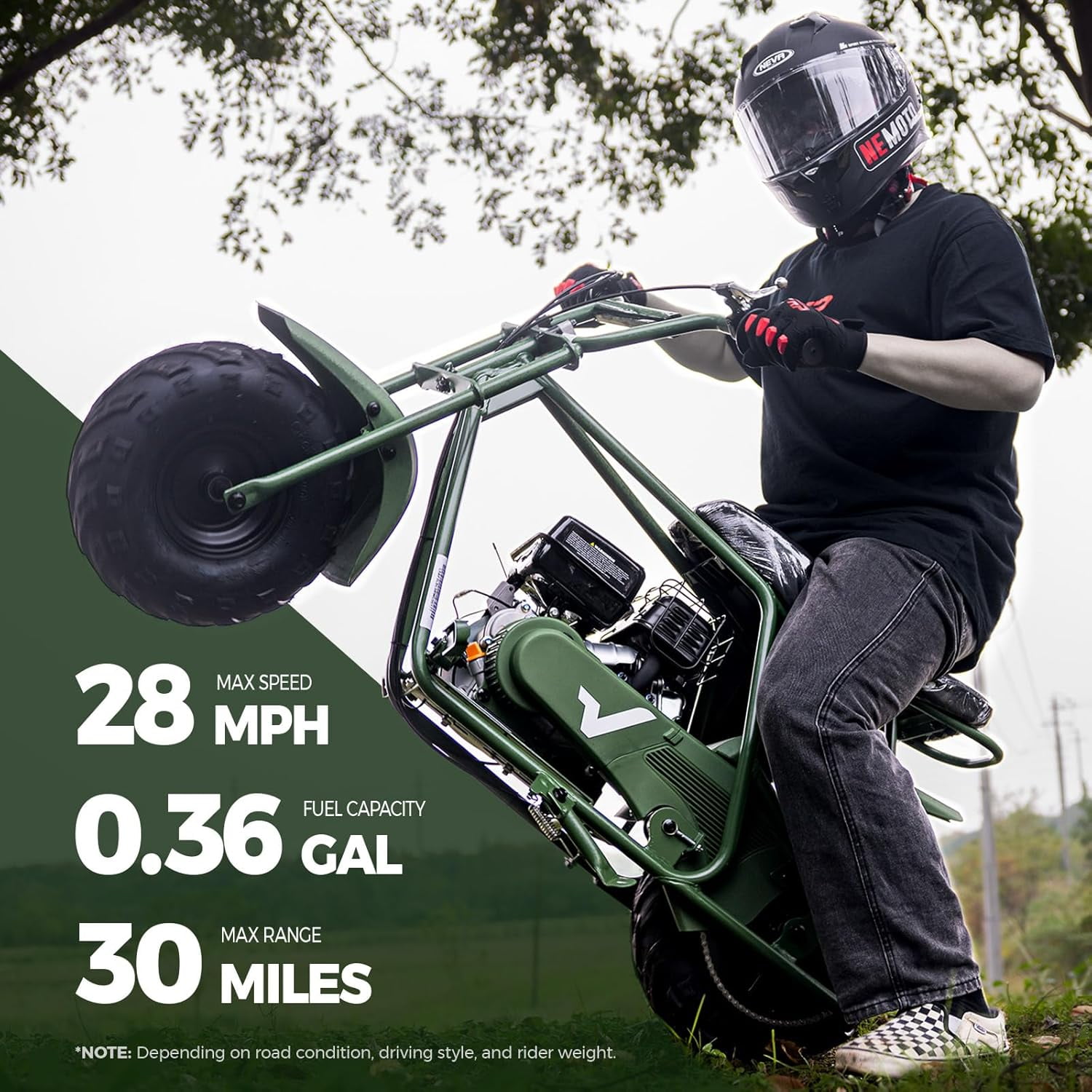 FRP Mini Dirt Bike GMB100 Max, 99CC Gas Powered Mini Bike 4-Stroke,Mini Bikes for Kids/Adult, W/LED Headlight, Goggles, Gloves and Neck Gaiter,Up to 28 Mph, Weight Support Up to 220 LBS (GREEN)