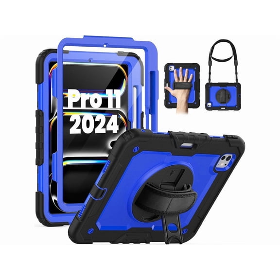 for iPad Pro 11 Inch Case M5 2025 M4 2024 6th 5th Generation Protective Cover with Built-in Screen Protector, 360° Rotating Stand, Adjustable Shoulder Strap, Pencil Holder