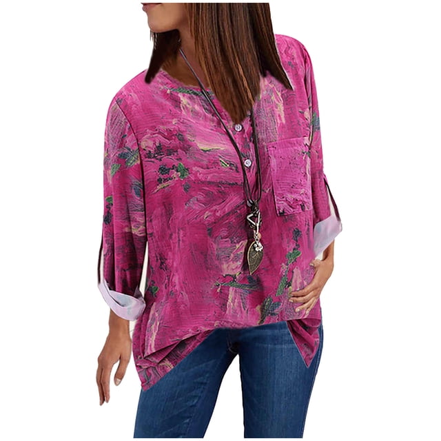 Mode Femmes Décontracté Vintage Imprimé Col en V Manches Longues Chemise Blouse Hauts