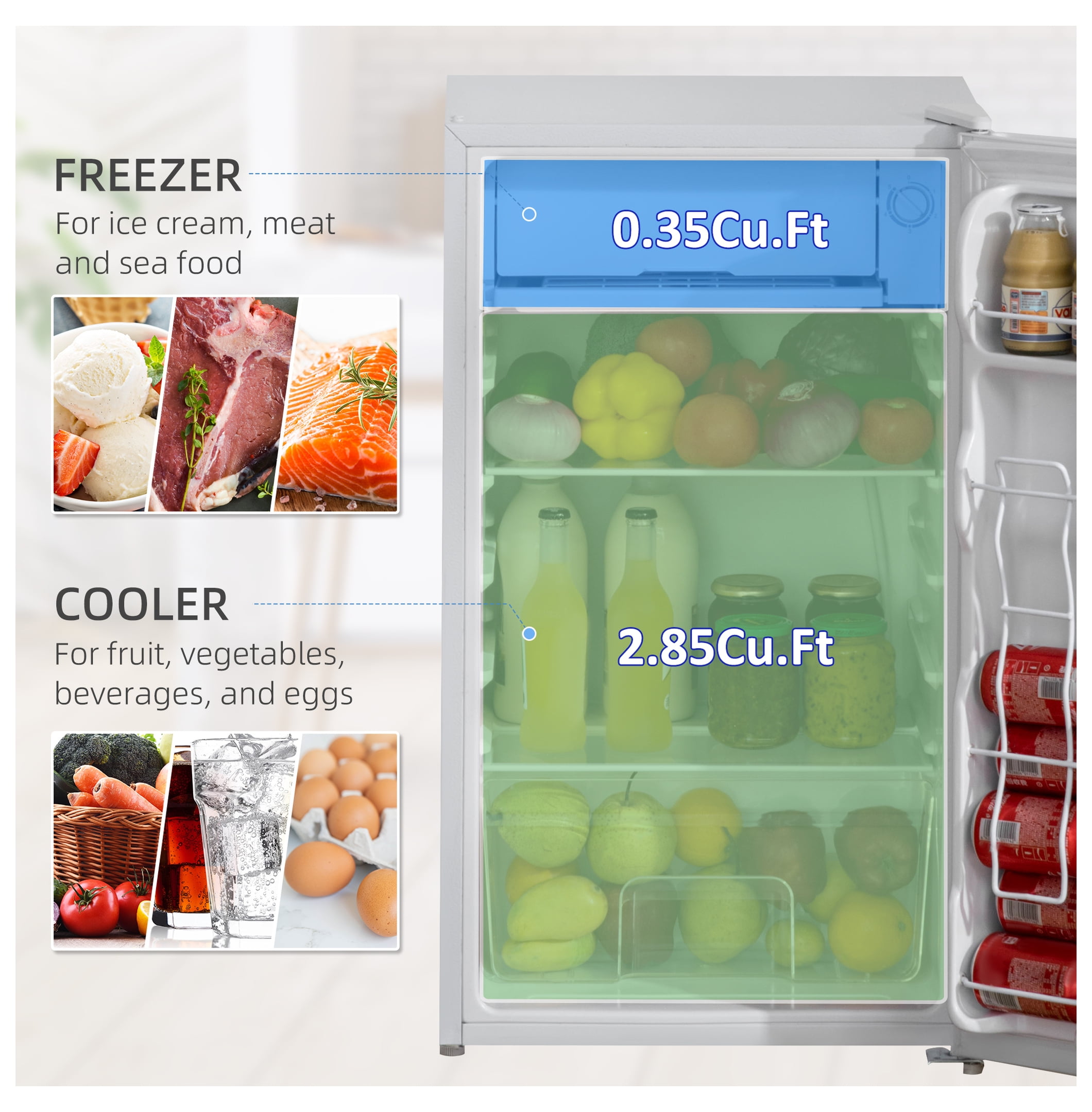 3.2 Cu.Ft Mini Fridge with Freezer, Single Door Compact Refrigerator with Adjustable Thermostat, Shelf and Reversible Door for Bedroom, Dorm, Home Office, Energy Efficient, White