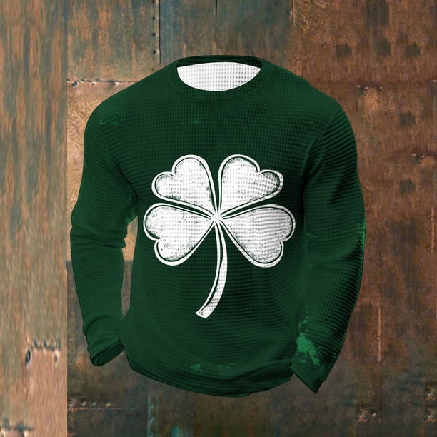 Ceisia Men's St. Patrick's Day Distressed Four-Leaf Clover Waffle Knit Top | Long Sleeve Crew Neck Casual Tee Gifts