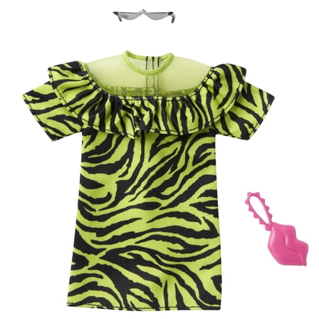 Barbie Fashion Pack of Doll Clothes, 1 Green & Black Zebra Print Mini Dress & 2 Accessories