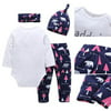 4PCS Newborn Infant Baby Girls Tops Romper Jumpsuit Outfit Clothes +Pants Hat Set