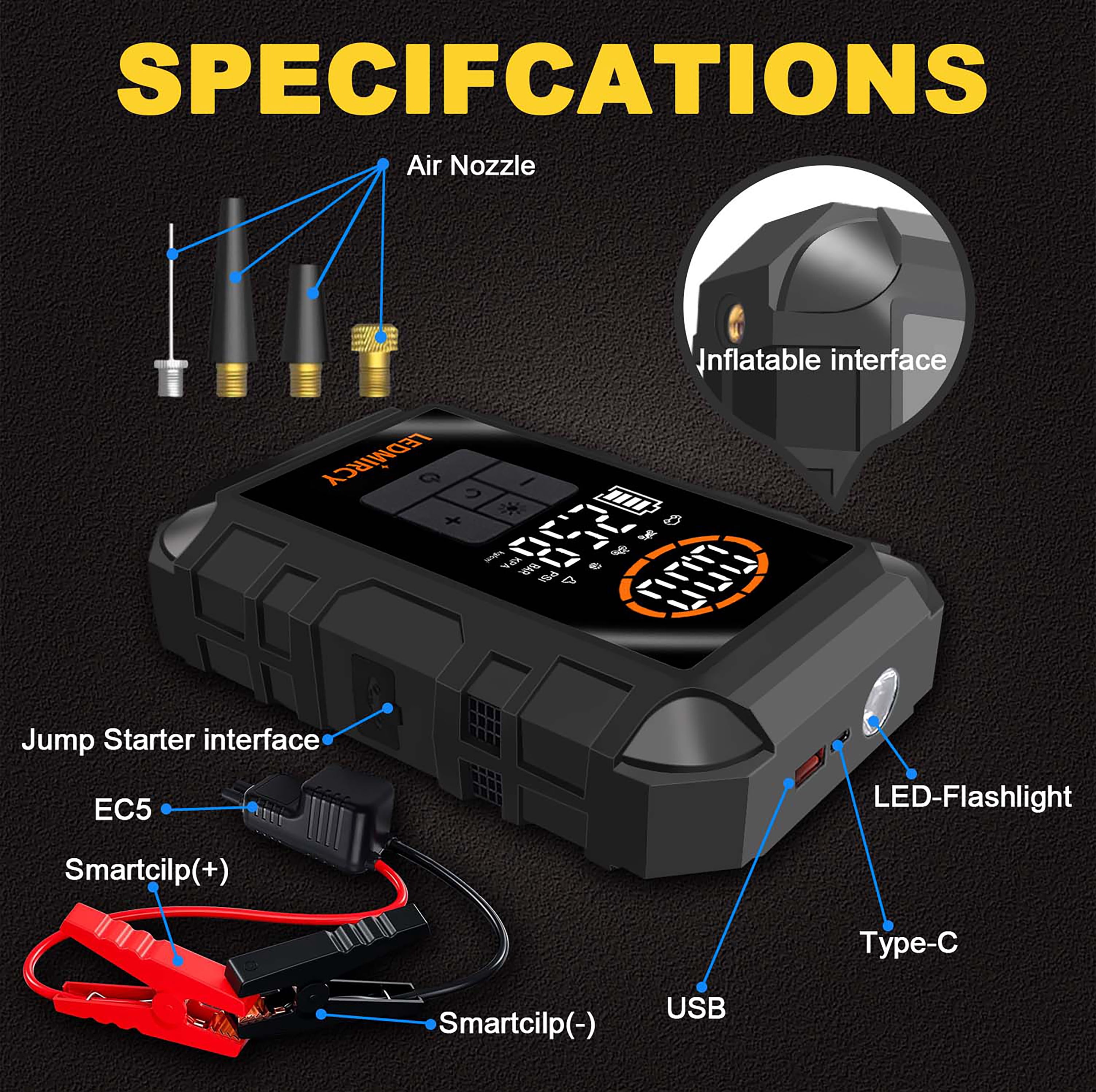 LEDMIRCY 2-in-1 Car Jump Starter and Tire Inflator with LED Display, Flashlight, USB Fast Charge, All-In-One Design, High Quality