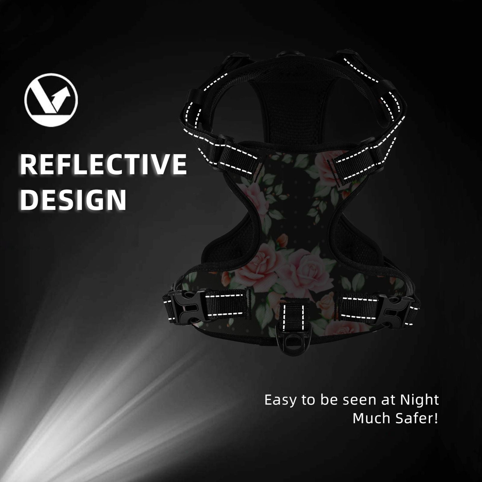 Fuzoiu Rose Flowers Print Reflective Dog Harness,Adjustable, Breathable Pet Vest,Dog Harness No Pull,No Choke Pet Vest for Small, Medium, and Large Dogs-Medium