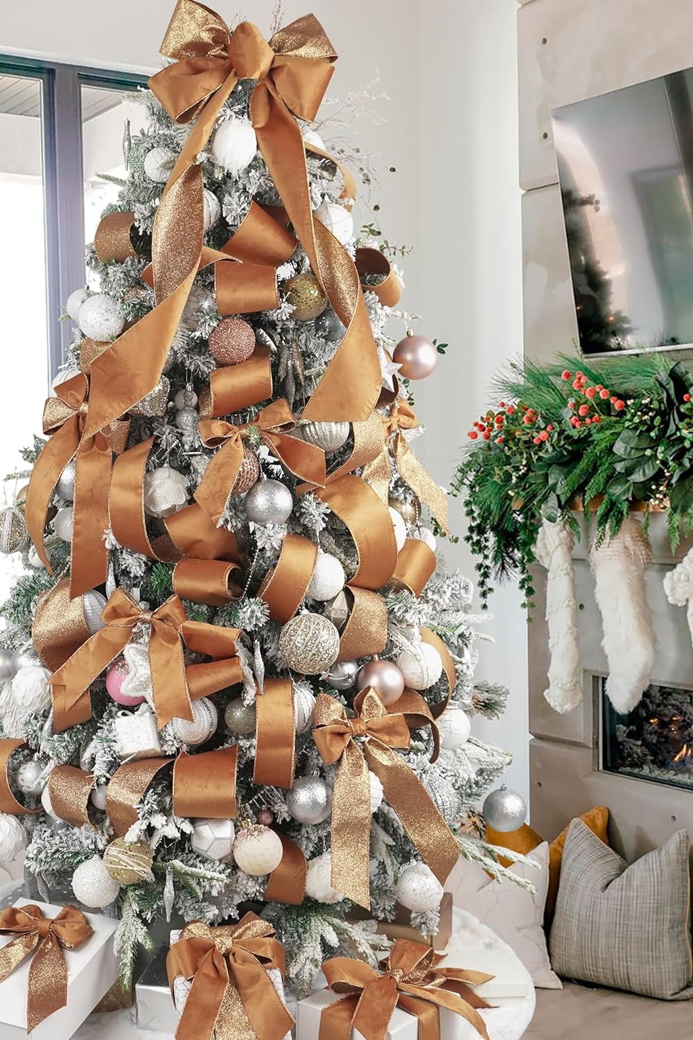Velvet Wired Ribbon 4 inch Copper Double-Sided Glitter Wire Christmas Tree Ribbon for Christmas Tree, Wreaths, Tree Top Bows, Garland, Home Decor, Fall Decor- 10 Yards
