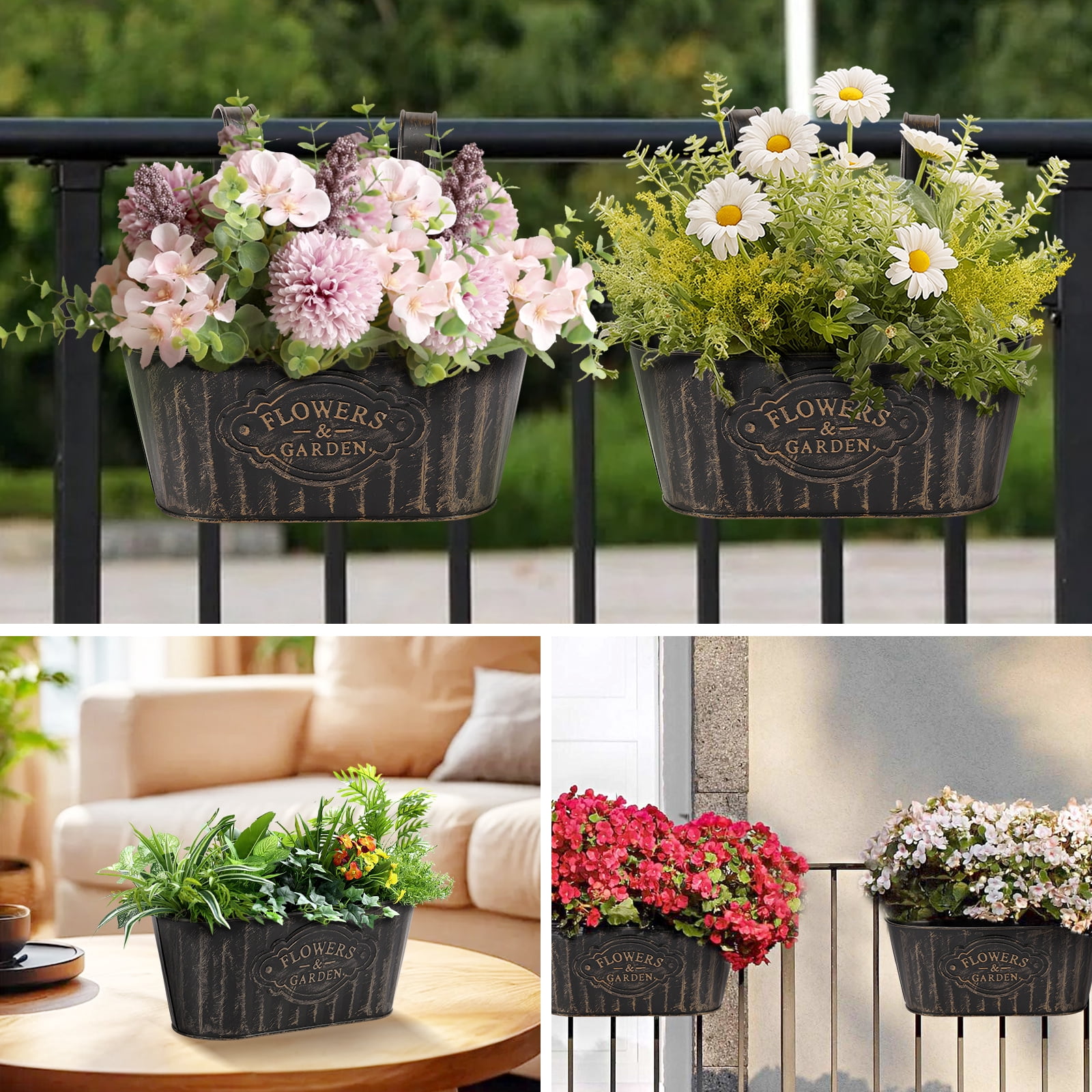 Keyohome 4Pcs Hanging Flower Pots,Metal Wall Planter,Iron Bucket Planter with Detachable Hooks for Indoor Outdoor,Drainage,Rustproof,Black,10.6"