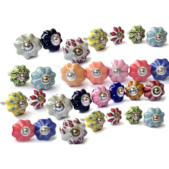 Rastogi Handicrafts Indian Mix Knobs Assorted Multi Color Ceramic Drawers Knobs Door Cupboard Pulls Muskmelon Shape Lot of 10 Knob (1 inch, Mix)