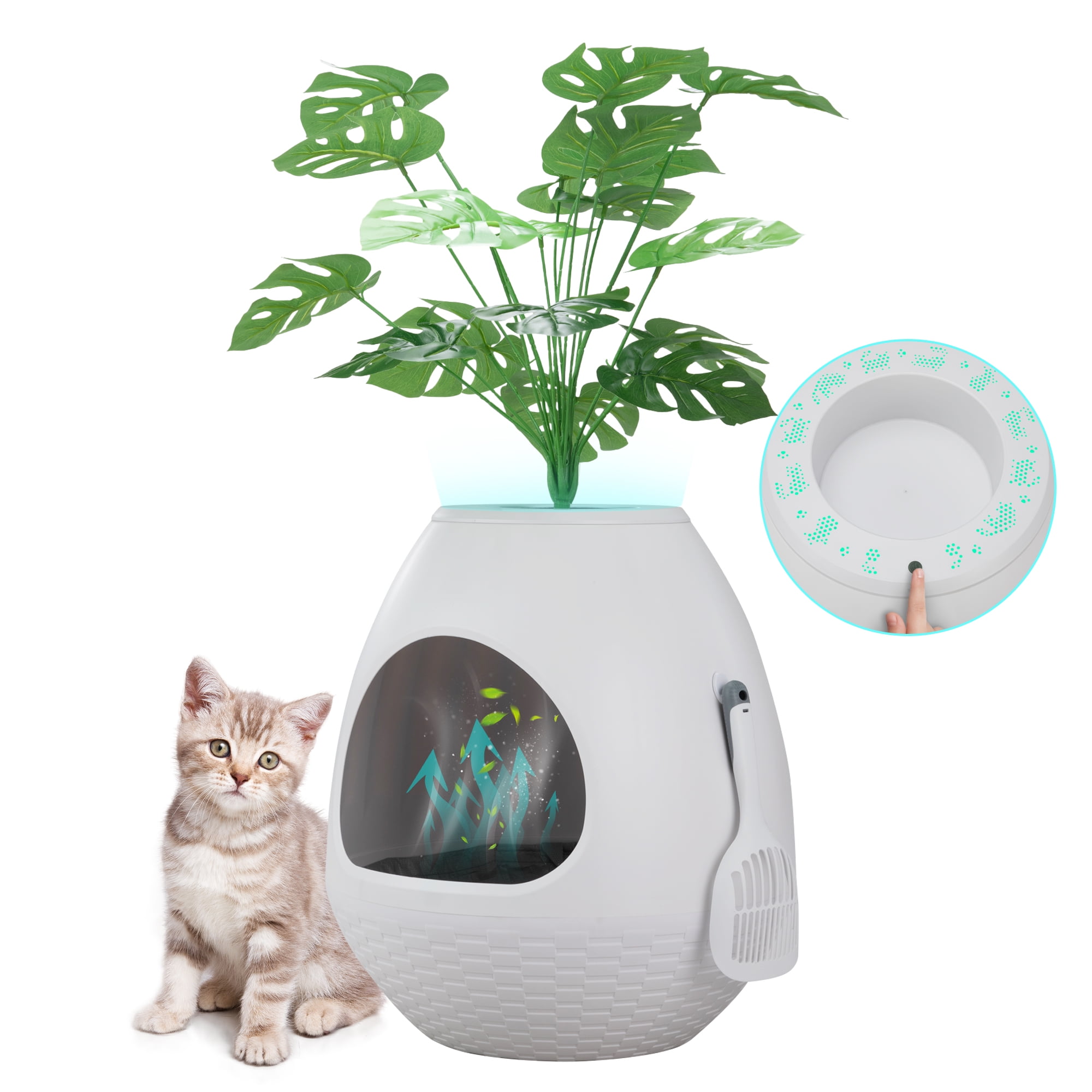 Jaxpety Smart Plant Litter Box,Cat Hidden Litter Box with Deodorization System, Exhaust Fan,Light, Scoop, Artificial Plants for Apartments and Offices Living Room Bedroom,White