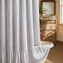 Boho Farmhouse Shower Curtain with Ruffle Hem, Linen Textured White Shower Curtains for Bathroom Vintage Rustic Fabric, Blue Stripe 72" W x 72" L