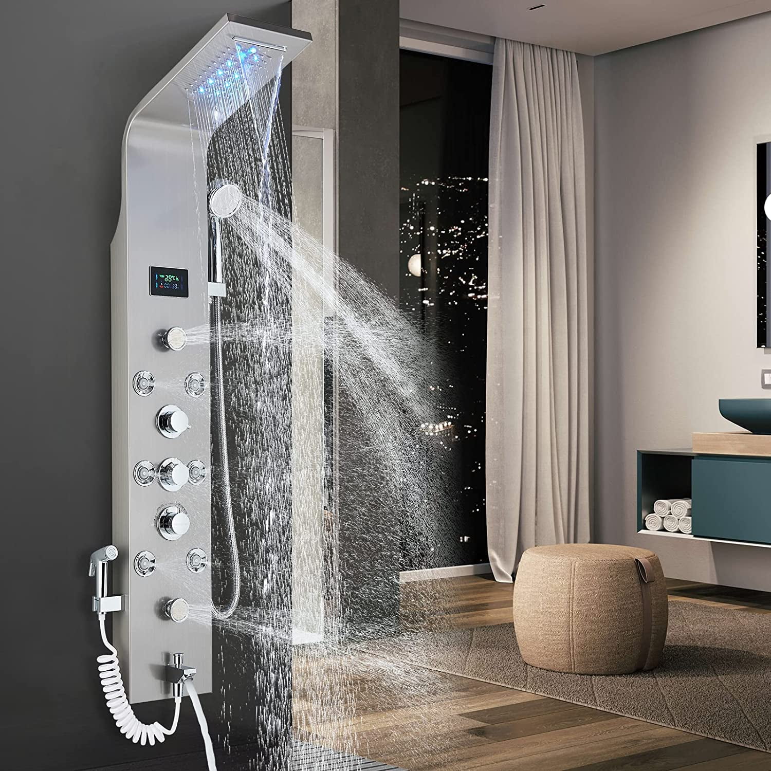 LED Shower Panel Tower System Multifunctional Shower Heads with Rain Massage Full Body Shower Jets Tub Spout Handheld Shower Wall Mounted Shower Panel Brushed Nickel