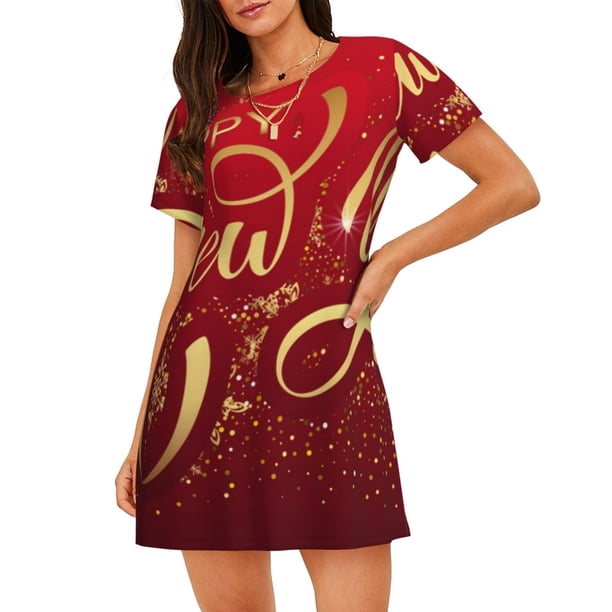 Balery Happy New Year Camisón de manga corta con cuello redondo para mujer, cómodo y elegante.