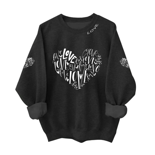 SOMOWI Chandail de la Saint-Valentin pour Femmes à Imprimé, Manches Longues, Col Rond, Chandail Décontracté, Vêtement, Noir, Hauts d'Automne Décontractés 2TG