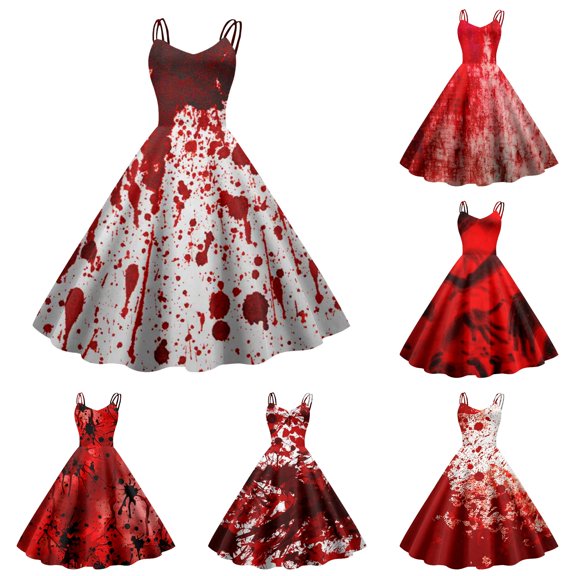 Womens Retro Halloween Print Casual Long Dress - Funny Graphic Strap Sundress for Party Vacation