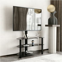 JERFIT 65 inch TV Stand with Mount, Height Adjustable Swivel Bracket, 3-Tier Tempered Glass Shelves, Black