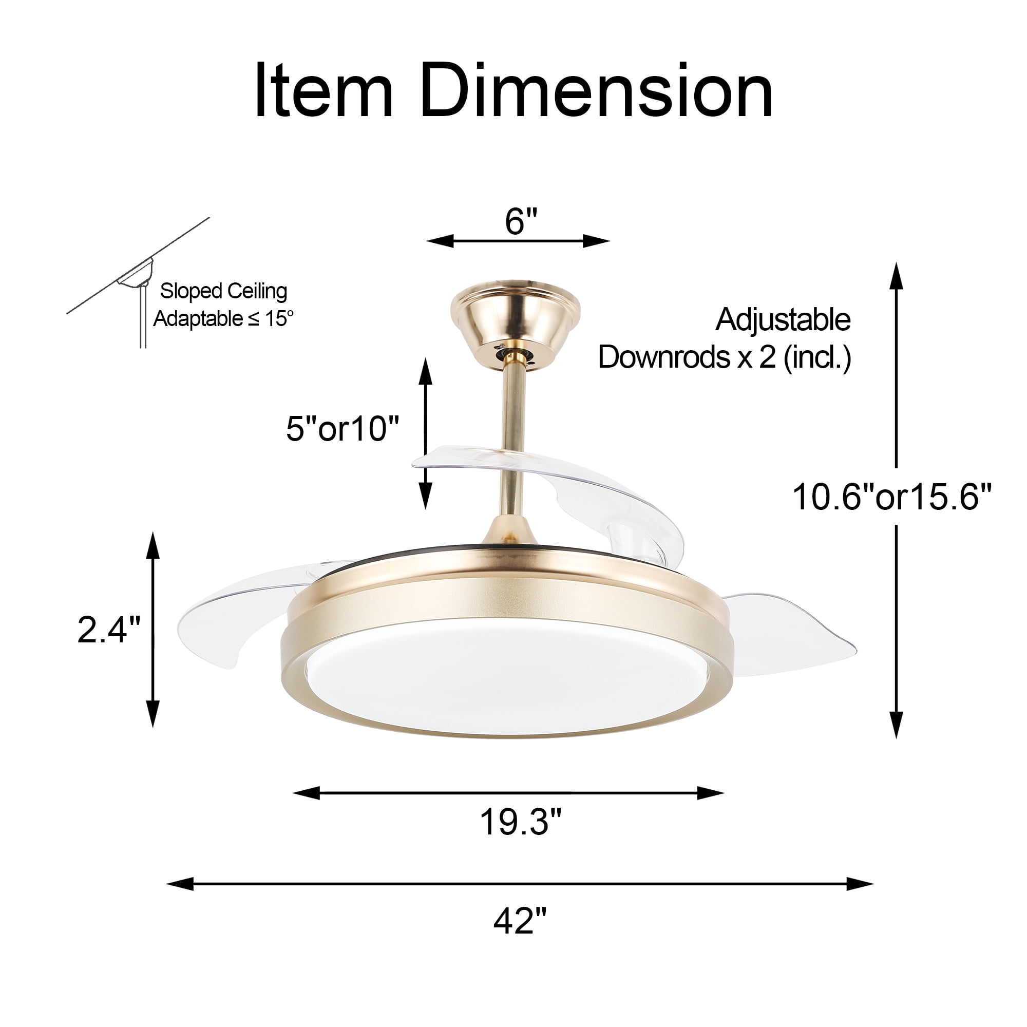 Belladepot 42" Gold Retractable Ceiling Fan Reversible With Remote Control and Light Kit 3 Blades