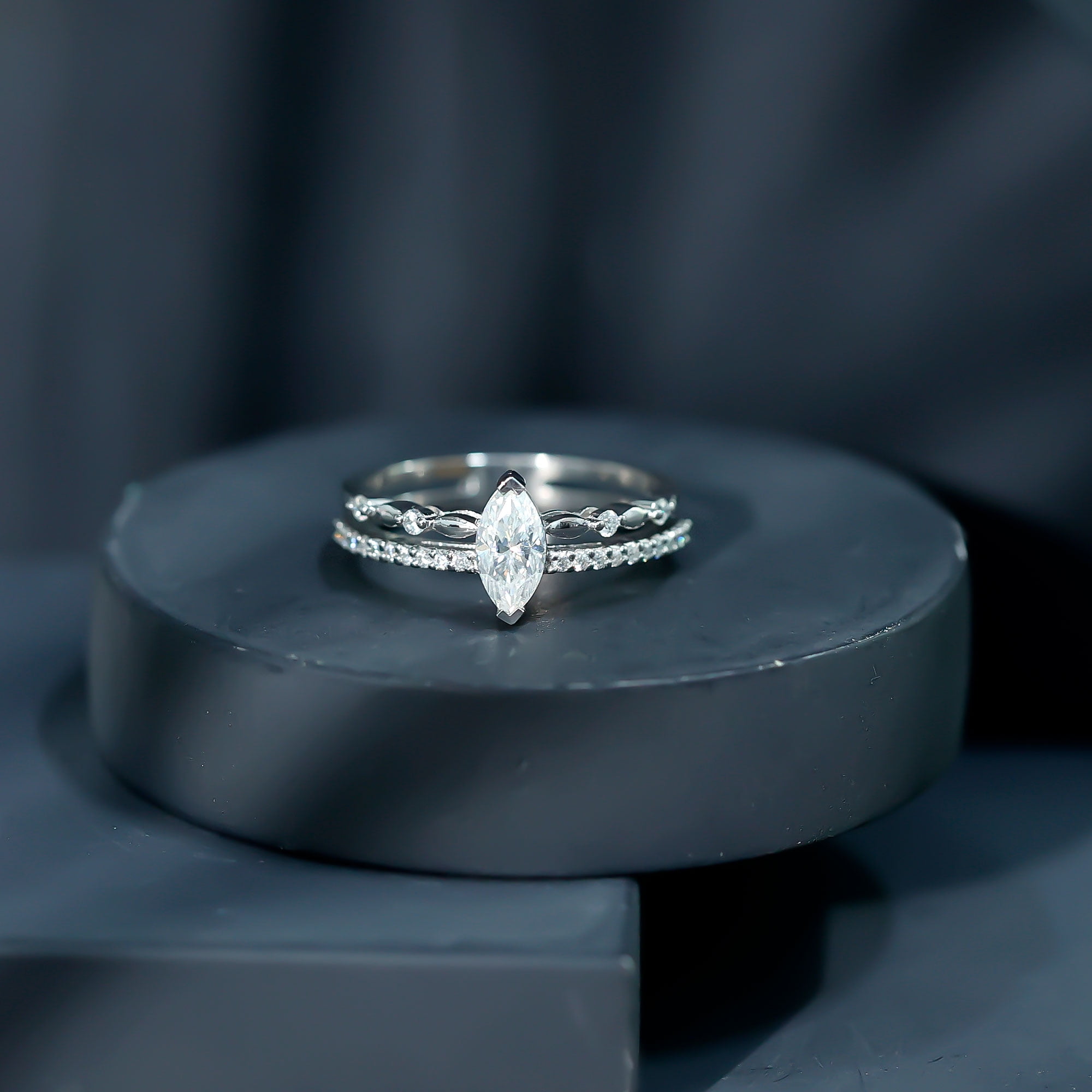 Rosec Jewels Certified Moissanite Marquise Engagement Ring for Women - 4X8 mm - Double Band Ring - D-VS1 Grade, 14K White Gold, US 8.50