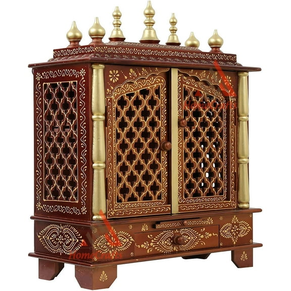 Homecrafts Handpainted Wooden Home Temple with Doors, Big Size Inside LED Lights (Light Walnut & Light Redis, Size- 24x12x30 Inch)