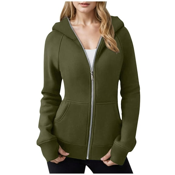 Sweatshirts For Women Zipper Neck Long Sleeve Solid Hooded Pockets Army Green Fall Jackets 2025 Winter Clothes ( L )