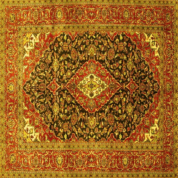 Ahgly Company Machine Washable Indoor Square Medallion Yellow Traditional Area Rugs, 4' Square