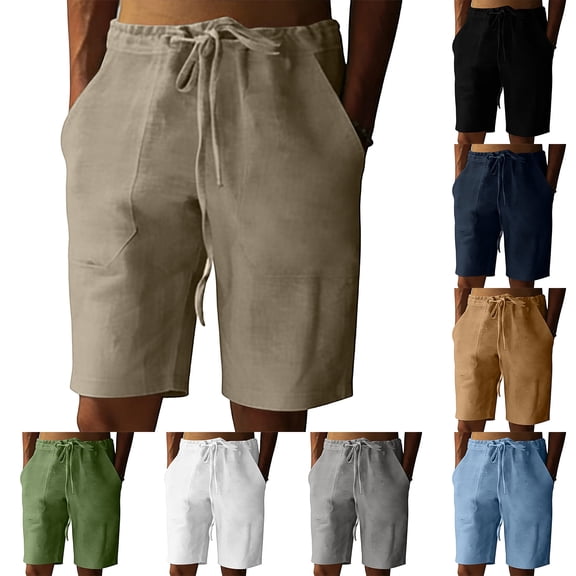 Nestiefly Men's Linen Shorts Casual Summer Beach Short Pants Breathable Cotton Elastic Waist Drawstring with Pockets Light Blue L