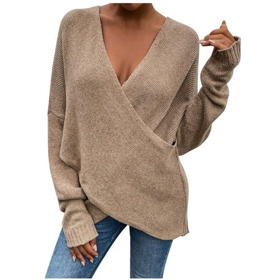 Fesfesfes Women Sweaters Solid Color Long Sleeve Pullove V-Neck Warp Sweater Tops Tops on