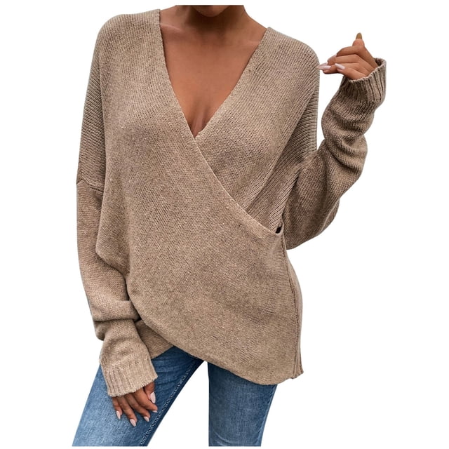 Mode Femmes Couleur Unie Manches Longues Chandail Col en V Chemise Chandail Tops