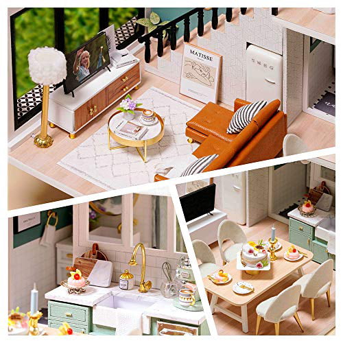 CUTEBEE Dollhouse Miniature with Furniture DIY Wooden DollHouse Kit Plus Dust 