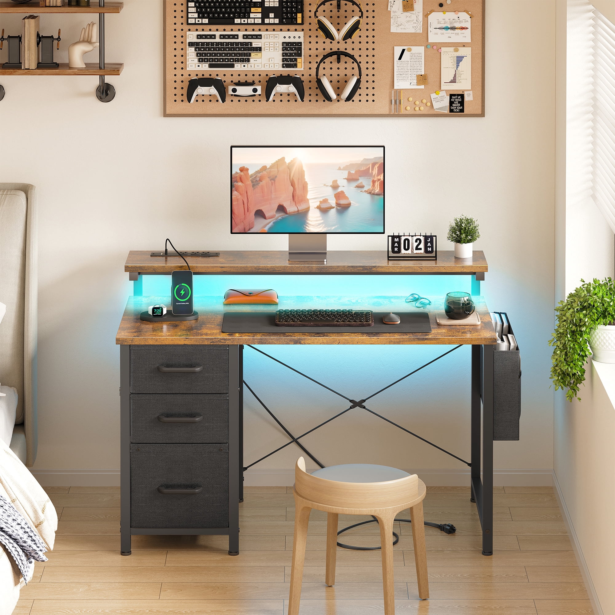 40 inch Computer Desk with Power Outlets & LED Lights, Home Office Desk with 3 Drawers & Adjustable Monitor Shelf,, Writing Desk with Storage Bag, Vintage