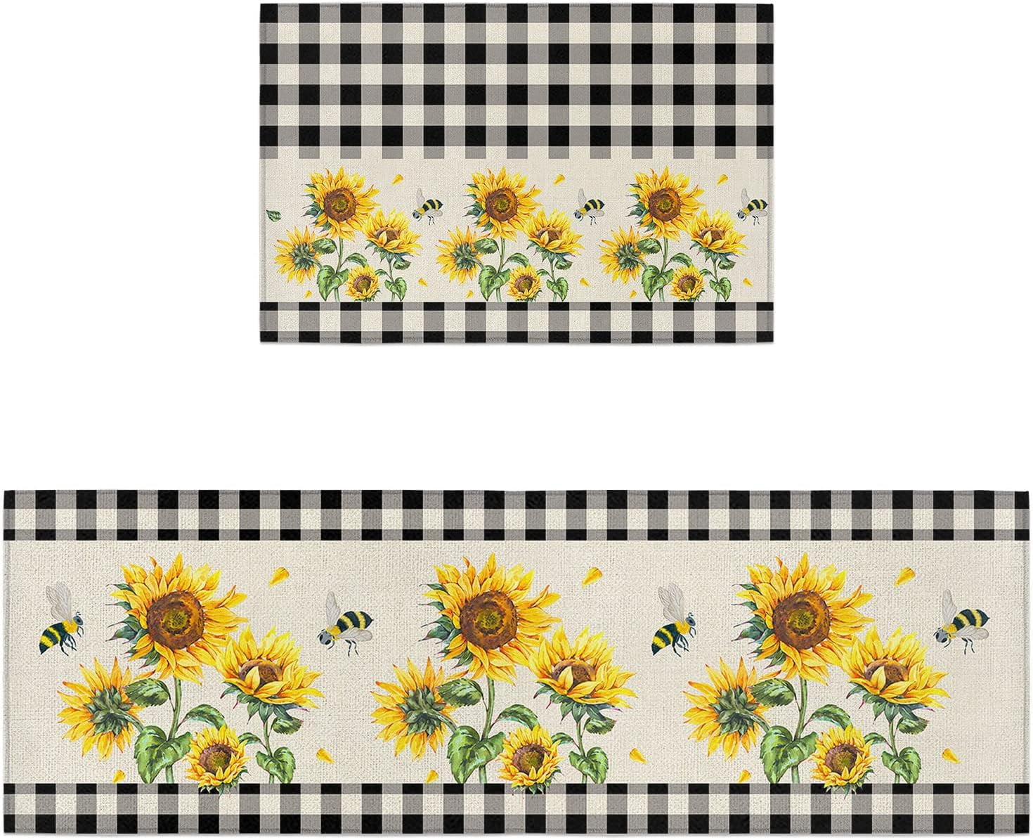 Vintage Kitchen Rugs and Mats Set of 2, Farm Sunflowers Blossoms Floral Non-Slip Floor Doormat Comfort Area Runner Rug and Mat, Black Beige Buffalo Check Indoor Entrance Carpet Home Decor