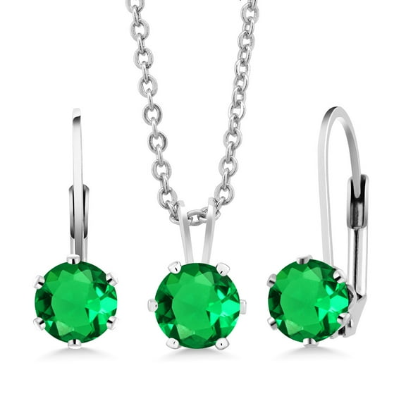 Gem Stone King Round Green Simulated Emerald Rhodium Plated Pendant and Earrings Jewelry Set With Chain