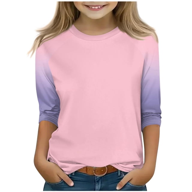 SERTG T-Shirt Mode Enfant Col Rond Manches 3/4 Imprimé Col Rond pour Été et Printemps 4-15 Ans (Rose3,11 Ans)