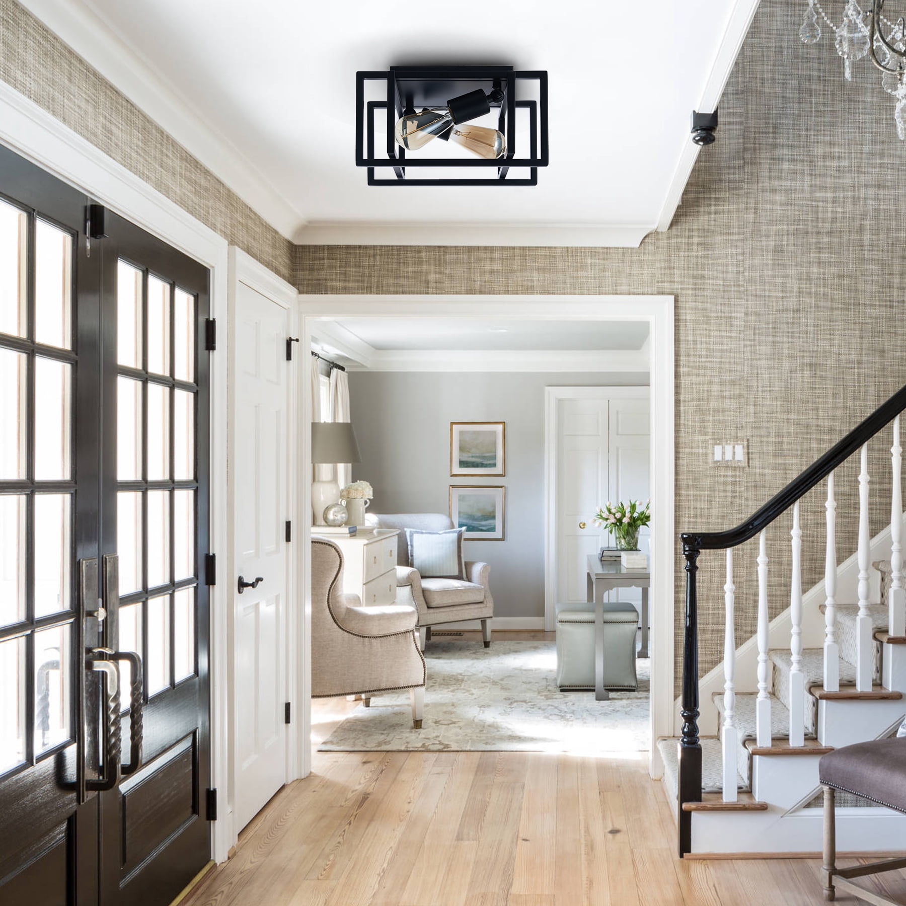 Square Flush Mount Ceiling Light Fixture with Open Geometric Metal Frame for 2 Bulbs up to 40W Each, Matte Black