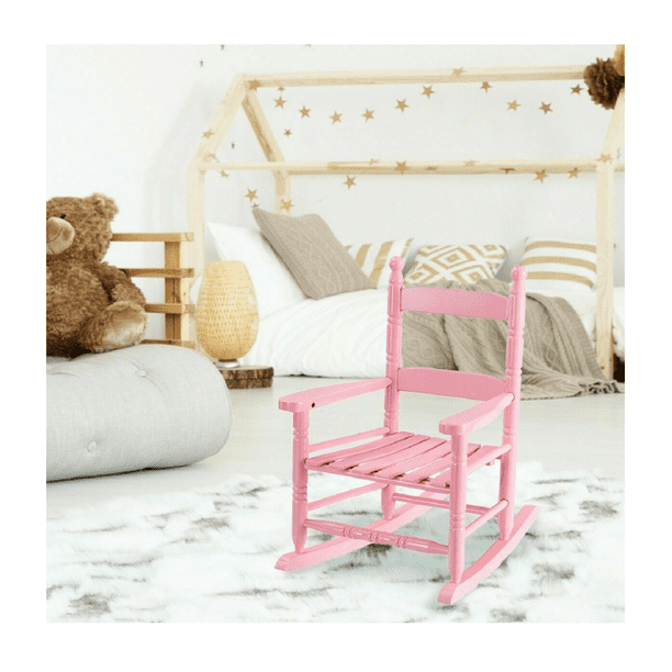 Classic Pink Wooden Children Kids Rocking Chair Slat Back