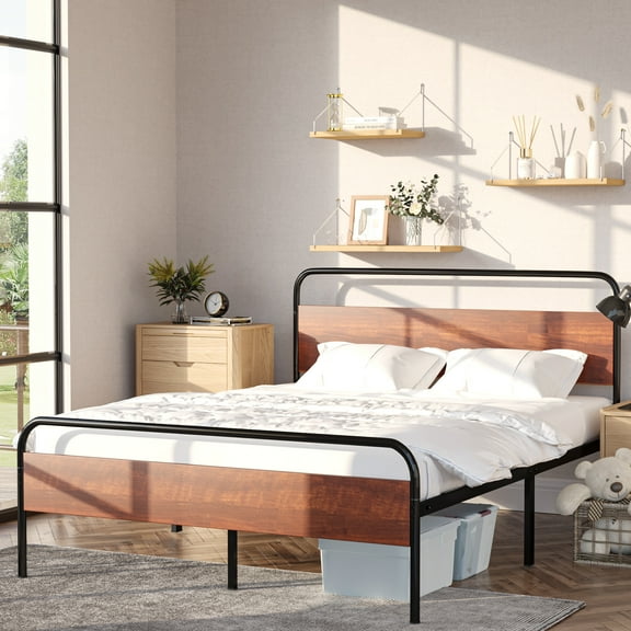 Homall 14 inch Queen Size Metal Platform Bed Frame with Wooden Headboard, Black/Red