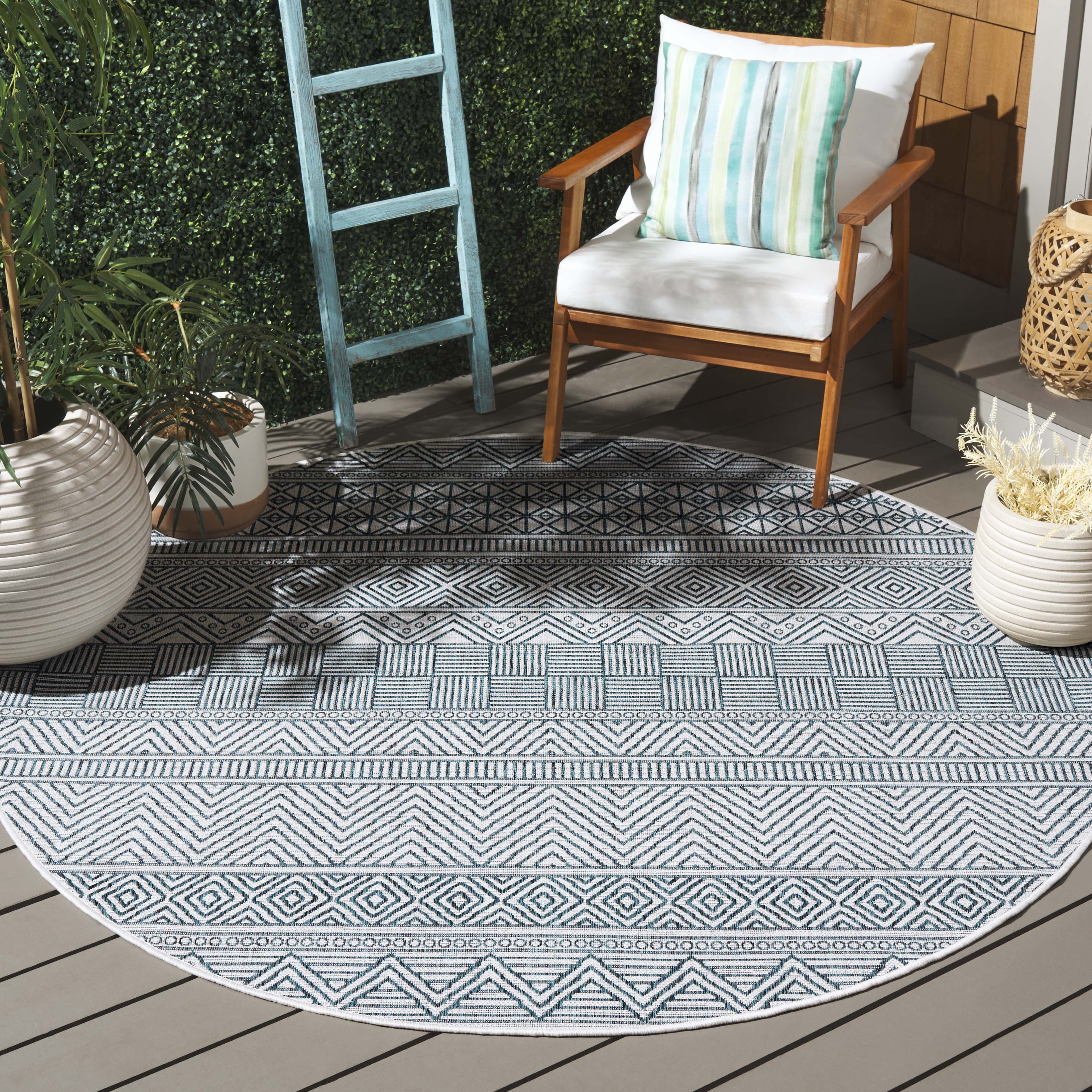 SAFAVIEH Courtyard Altan Geometric Indoor/Outdoor Area Rug, Ivory/Turquoise, 6'7" x 6'7" Round