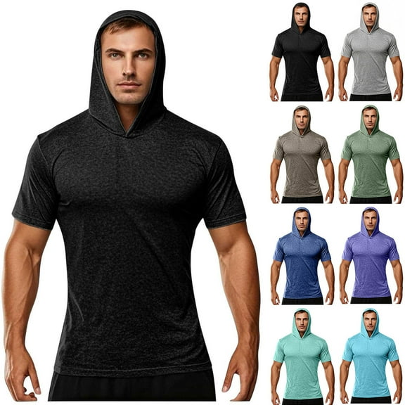 BADHUB Mens Quick Dry Hooded T-shirts Fitness Sun Protection Gym Casual Short Sleeve Solid Color Summer Tops Khaki S