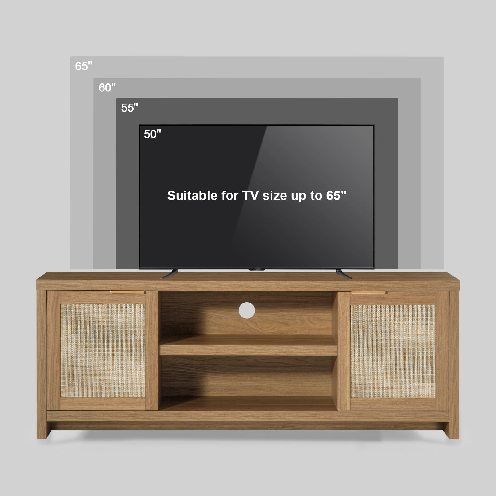 OAKHAM Tv Stands for 65 inch Tv, Modern Farmhouse Entertainment Center, Rattan TV Console with Storage, Wood Media Console Cabinet, Weathered Oak