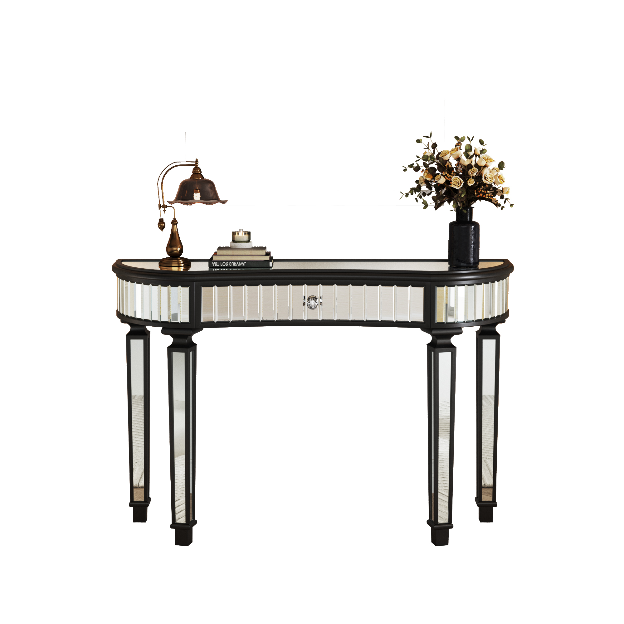 47" Half-Moon Mirrored Console Table Entryway Vanity Desk with Fluted Glass & Crystal Knob Drawer for Bedroom/Dressing Room (Black+Sliver)