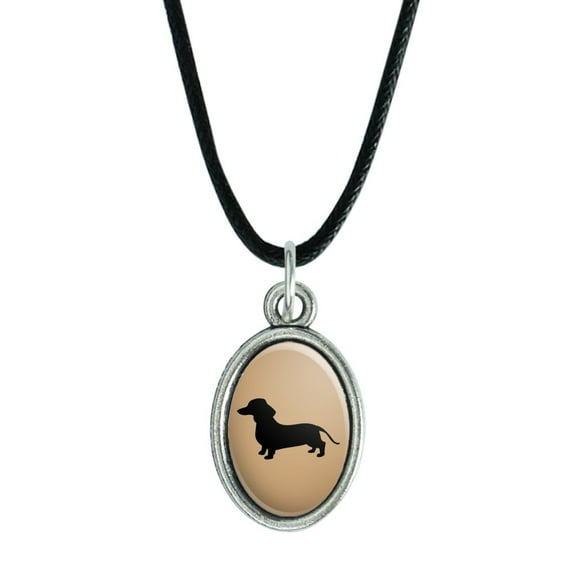 Dachshund Wiener Dog Antiqued Oval Charm Pendant with Black Satin Cord
